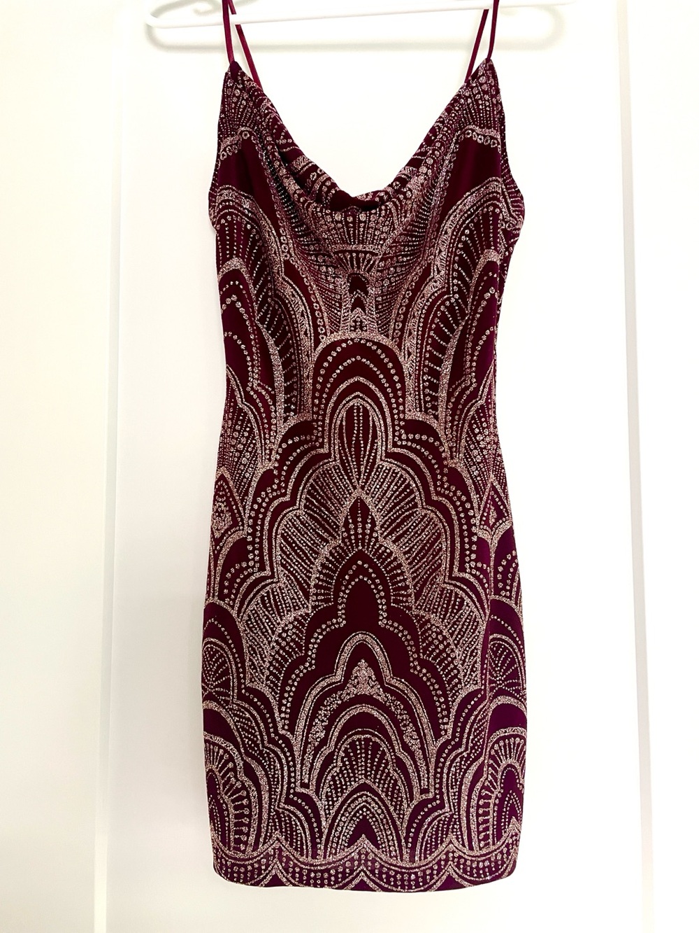 Cowl neck fitted mini dress dark cherry red intricate silvery luxe design NWT